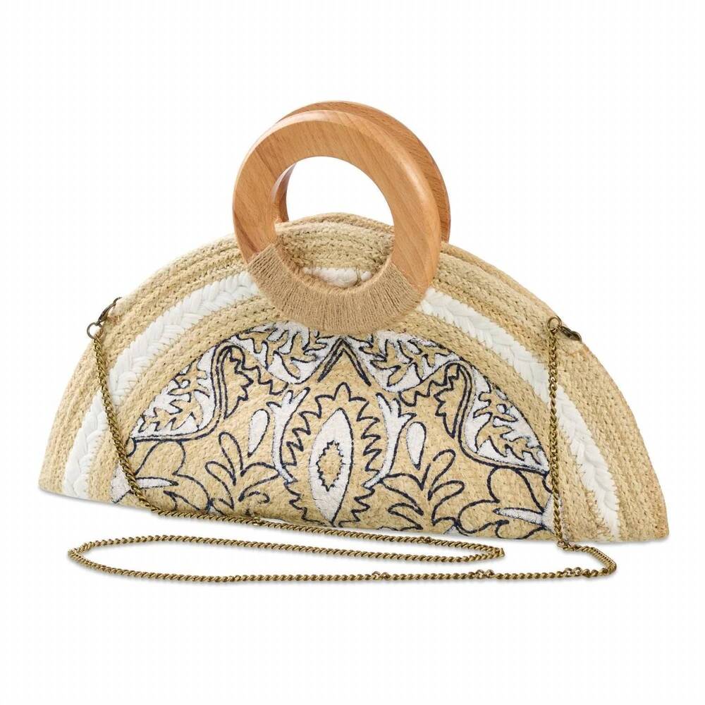 NEW JUDSON & COMPANY women's half circle woven jute handbag in beige multi